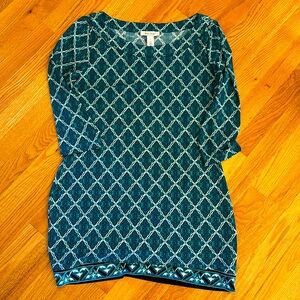 White House Black Market Large Dress Tunic 3/4 Sleeve Geometric Print Black Teal